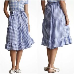 POLO Ralph Lauren Blue Gingham Linen Tiered Ruffle Midi Skirt w/ Pockets Sz 4